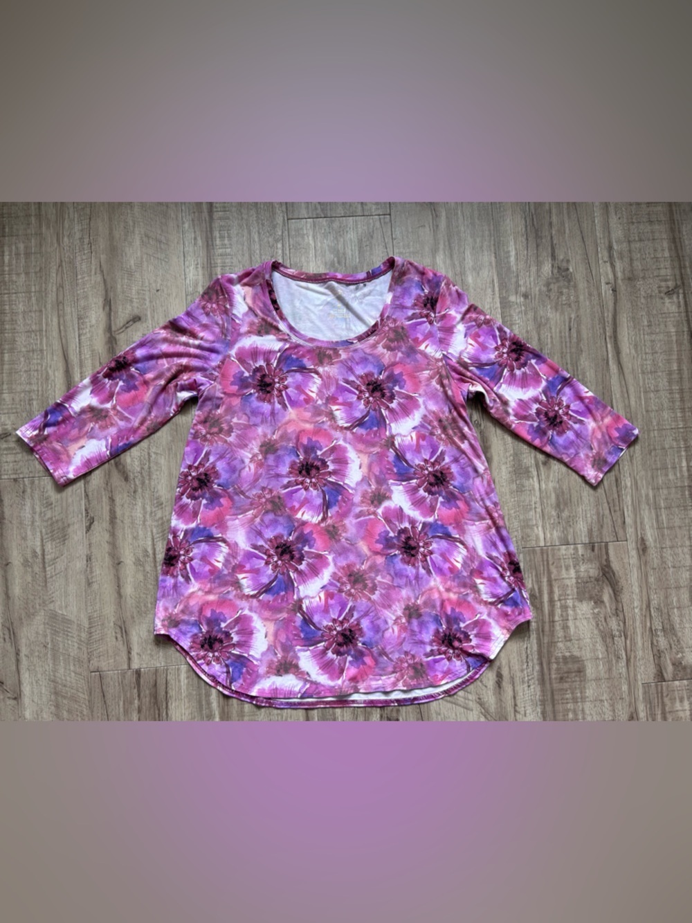 Blue Sky floral watercolor flower Women's Pink purple spring Scoop Neck 3/4 Top - Picture 2 of 8